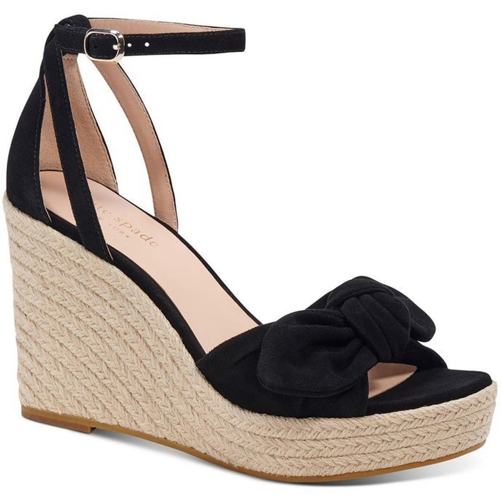 Kate Spade Tianna Suede LEATHER Bow Strap Espadrille Wedge Sandal 10 B BLACK - Picture 2 of 13